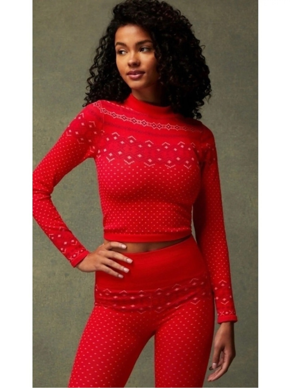 Fabletics Red Fair Isle Thermal Base Layer Top Leggings Set L Après Ski Gym Time
